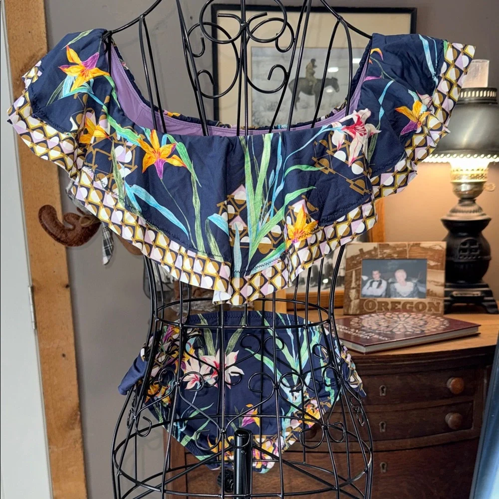 Trina Turk Navy Floral Off-Shoulder Bikini with Lilac Lining - Picture 6 of 8